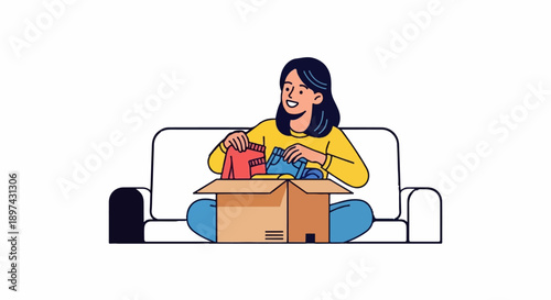 Person sorting clothes from a box while sitting on a couch