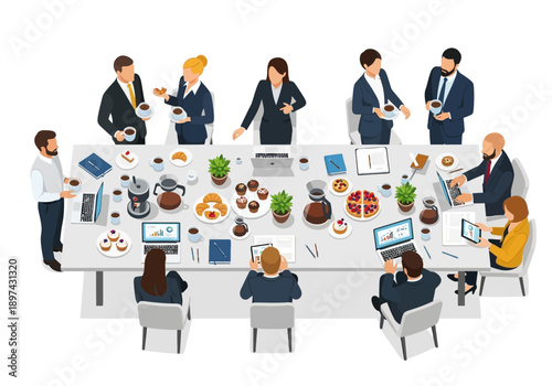 Diverse group of professionals engaged in a productive meeting around a table filled with food and beverages