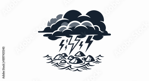 Dark storm clouds unleash lightning onto choppy water and rocks