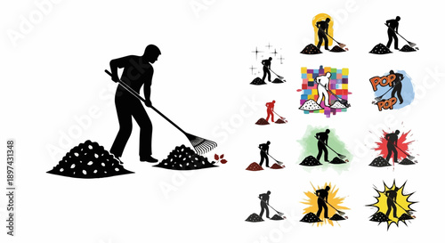 Silhouette of a person raking leaves into a pile, surrounded by graphic variations