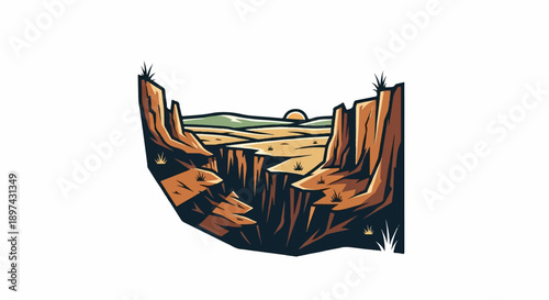 Stylized depiction of a canyon with layered rock formations under a setting sun