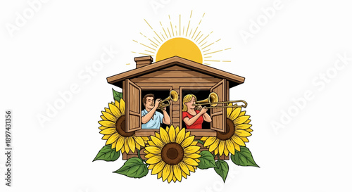 Musicians playing brass instruments in a wooden house framed by sunflowers and sun