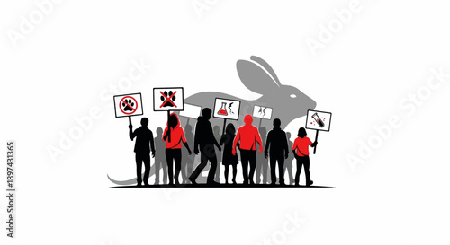 Silhouettes protest against animal testing with signs depicting no paws & test tubes