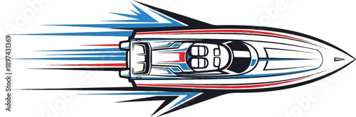 A stylized illustration of a sleek, fast-moving speedboat in red, white, blue, and black
