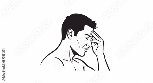 Stylized profile of a man clutching his forehead in distress