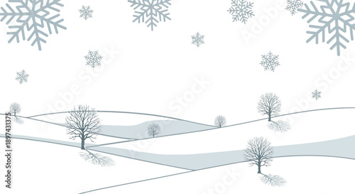 Stylized winter landscape with falling snowflakes and bare trees on rolling hills