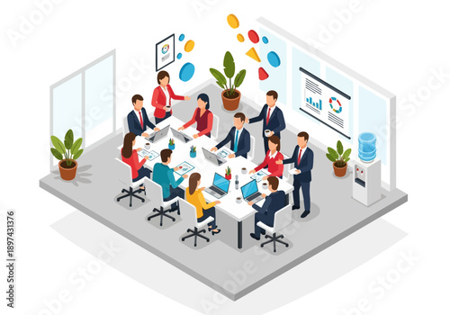 Business meeting with a team around a conference table, presenting a chart on a screen