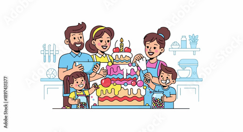Family decorates a colorful, multi-tiered cake with frosting and candies in a bright kitchen