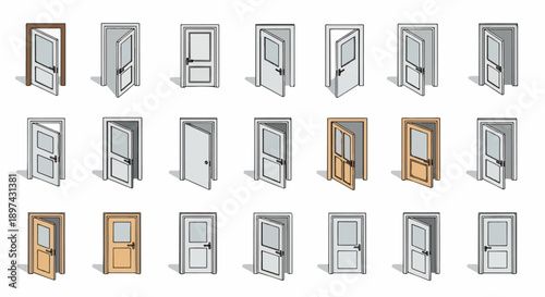 Various styles and open/closed states of illustrated interior doors on a white background