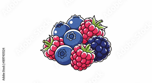 A vibrant illustration of ripe blueberries, raspberries, and blackberries clustered together