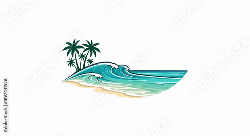 Stylized tropical beach scene with palm trees and a breaking wave