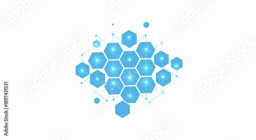 Abstract blue hexagonal network on a white background, representing connection and data flow