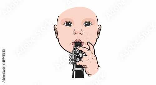 Close-up of a bald baby's face with a clarinet in its mouth, held by a small hand