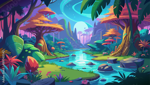 Very beautiful colorful magical jungle filled with alien-like flora and a flowing river, creating an immersive fantasy environment rich with energy, calm water, and imaginative botanical forms.