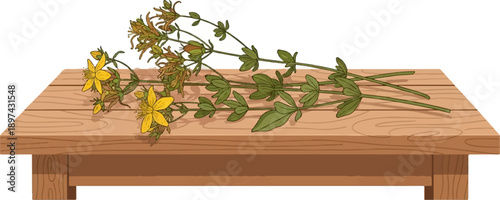 Yellow flowers and green stems lie on a wooden table