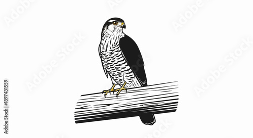 A bird of prey with striking yellow eyes and sharp talons perches on a wooden perch