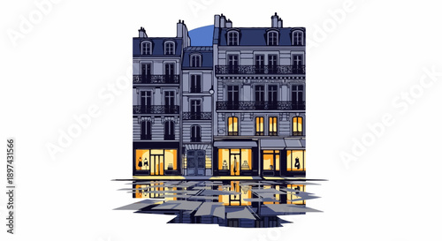 Stylized Paris buildings with glowing storefronts reflect on wet pavement