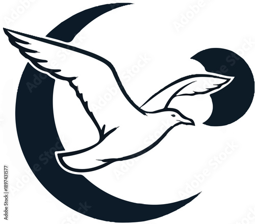 A stylized seagull takes flight against a dark, crescent-shaped celestial body