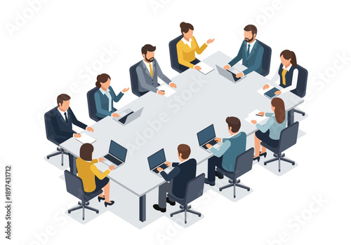 Diverse business professionals in a modern boardroom collaborating around a large conference table with laptops