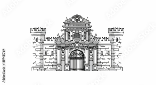 Ornate gatehouse with two flanking towers, rendered in a detailed monochrome sketch style