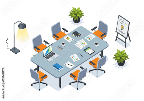 Modern meeting room with table, chairs, laptop, and presentation board