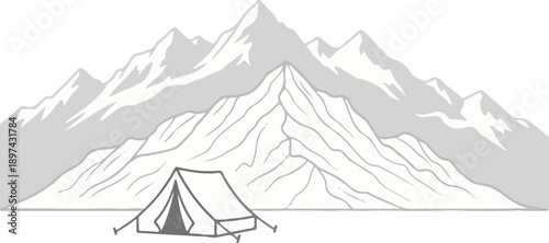 A minimalist illustration depicts a tent pitched in a vast, mountainous landscape