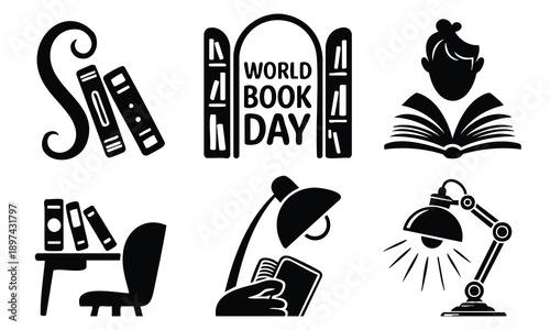 Collection of World Book Day silhouette icons celebrating reading and literacy