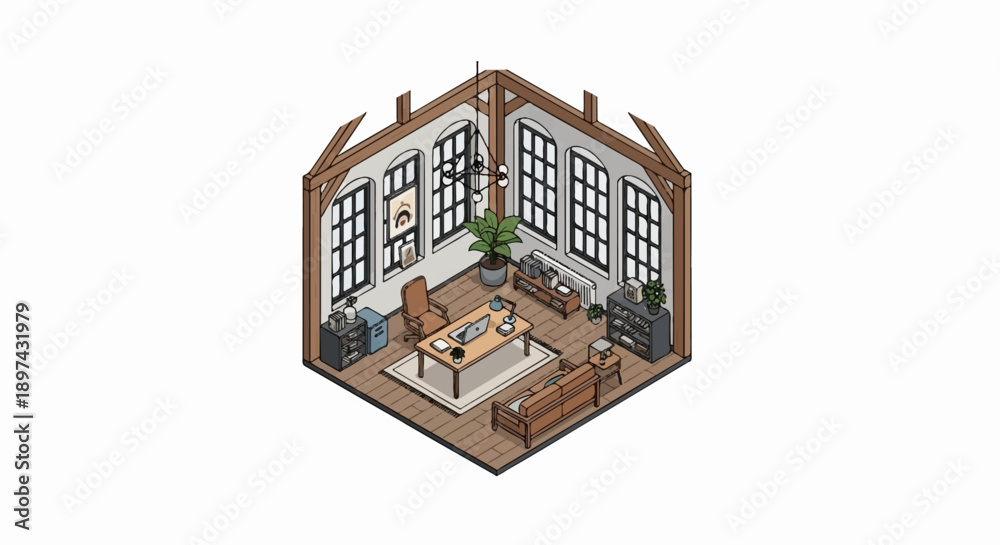 Obraz premium Cozy isometric office with large windows and wooden accents