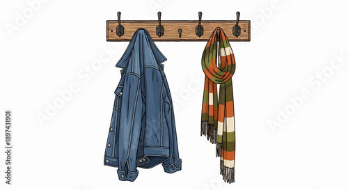 A denim jacket and a striped scarf hang on hooks on a wooden rack