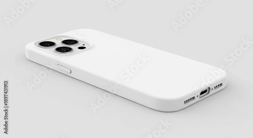 A sleek, white smartphone case with a triple-lens camera setup and bottom charging port is shown