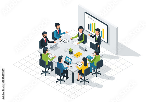 Business meeting in progress with diverse team collaborating around a table in an office conference room