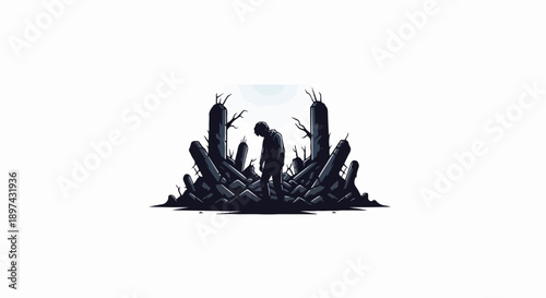 A lone figure stands amidst the ruins of a destroyed city, in a monochromatic pixel art style