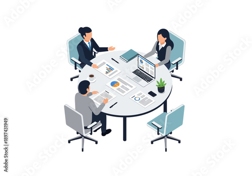 Business meeting in progress with people analyzing documents and using a laptop at a round table