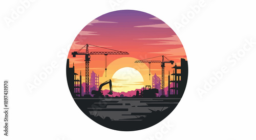 Silhouetted construction site with cranes and excavators against a vibrant sunset