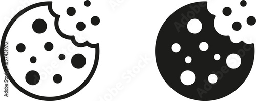 Chocolate chip cookie icon, sweet biscuit snack vector. Minimalist bitten cookie symbol for bakery and dessert.