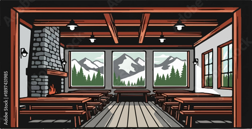 Cozy rustic lodge interior with fireplace and mountain views