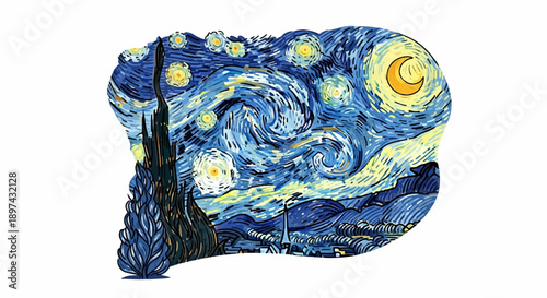 Vibrant swirling night sky with a prominent crescent moon, stars, and a dark cypress tree