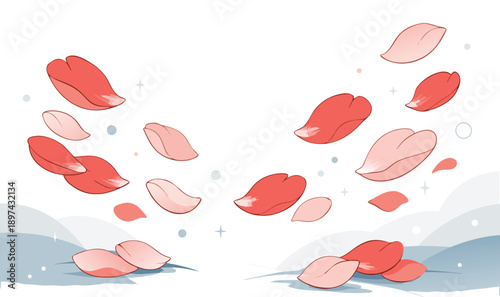 Falling pink flower petals create a swirling delicate arc against a light blue background high-quality