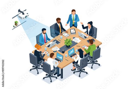 Modern business meeting with drone delivering package to boardroom table
