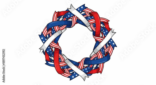 Circular wreath made of interwoven red, white, and blue ribbons with star patterns