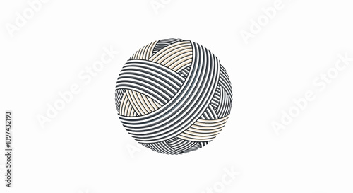 A spherical object with interwoven stripes of black, white, and beige