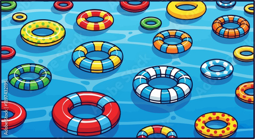 A vibrant, pixelated scene depicting numerous colorful inflatable rings floating on shimmering blue water