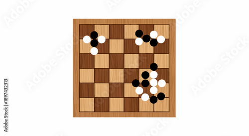 A game of Go with black and white stones arranged on a wooden board