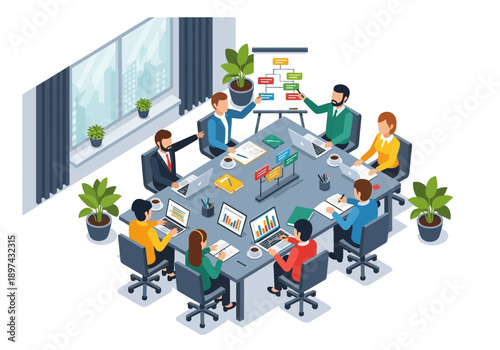 Diverse team collaborating in a modern office meeting room around a conference table with technology and charts