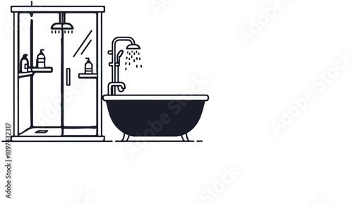 A minimalist illustration depicts a modern bathroom with a shower stall and a clawfoot bathtub