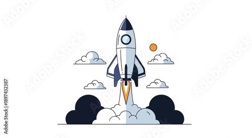 A cartoon rocket ship launches into the sky with clouds and sun.