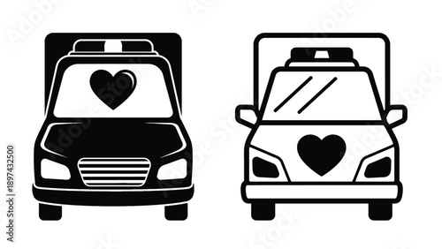 Front view ambulance icons with heart emblem representing patient-centered emergency transport services, capacity planning and healthcare reimbursement operations