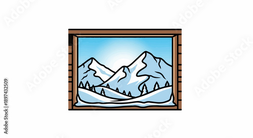 A charming cartoon window frames a snowy mountain scene with trees under a bright sky