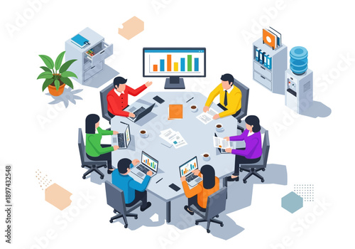 Business meeting in a modern office with people collaborating around a table with laptops and charts