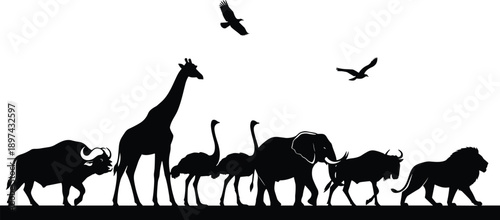 Black Silhouette Vector of African Safari Animals Skyline Including Lion Elephant Giraffe and Buffalo Walking in a Row for Savanna Wildlife Nature Conservation Design